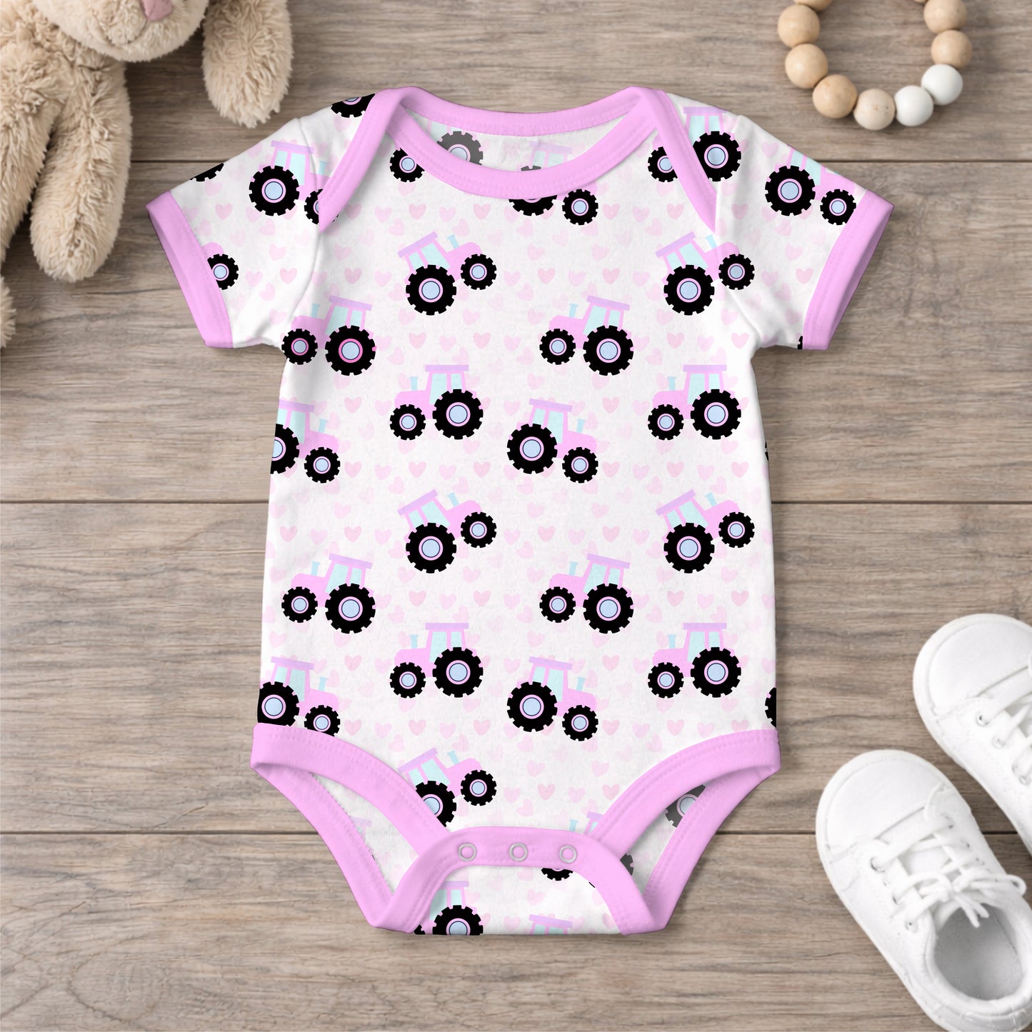 Baby Pink Tractors and Hearts Baby Shower Seamless Pattern Commercial Use