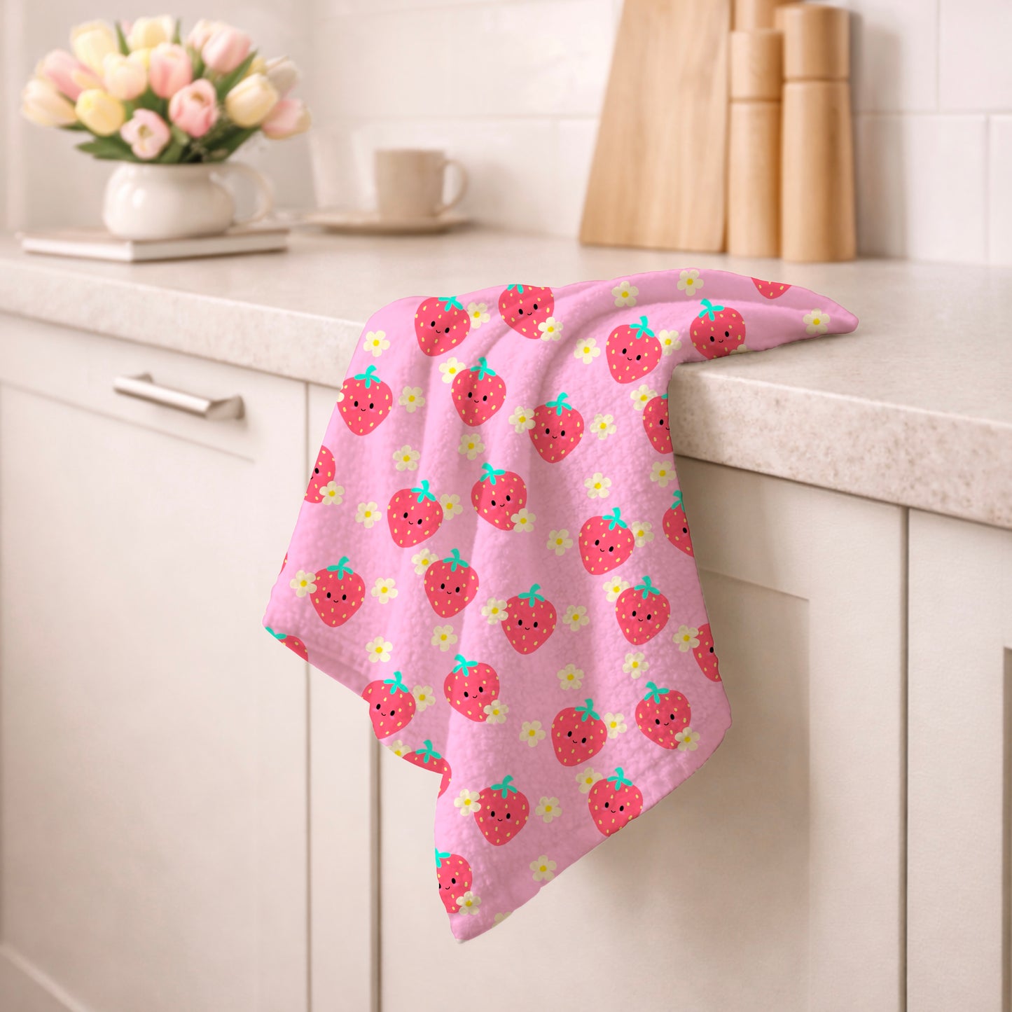 Kawaii Strawberry with White Flowers Pink Seamless Pattern Commercial Use