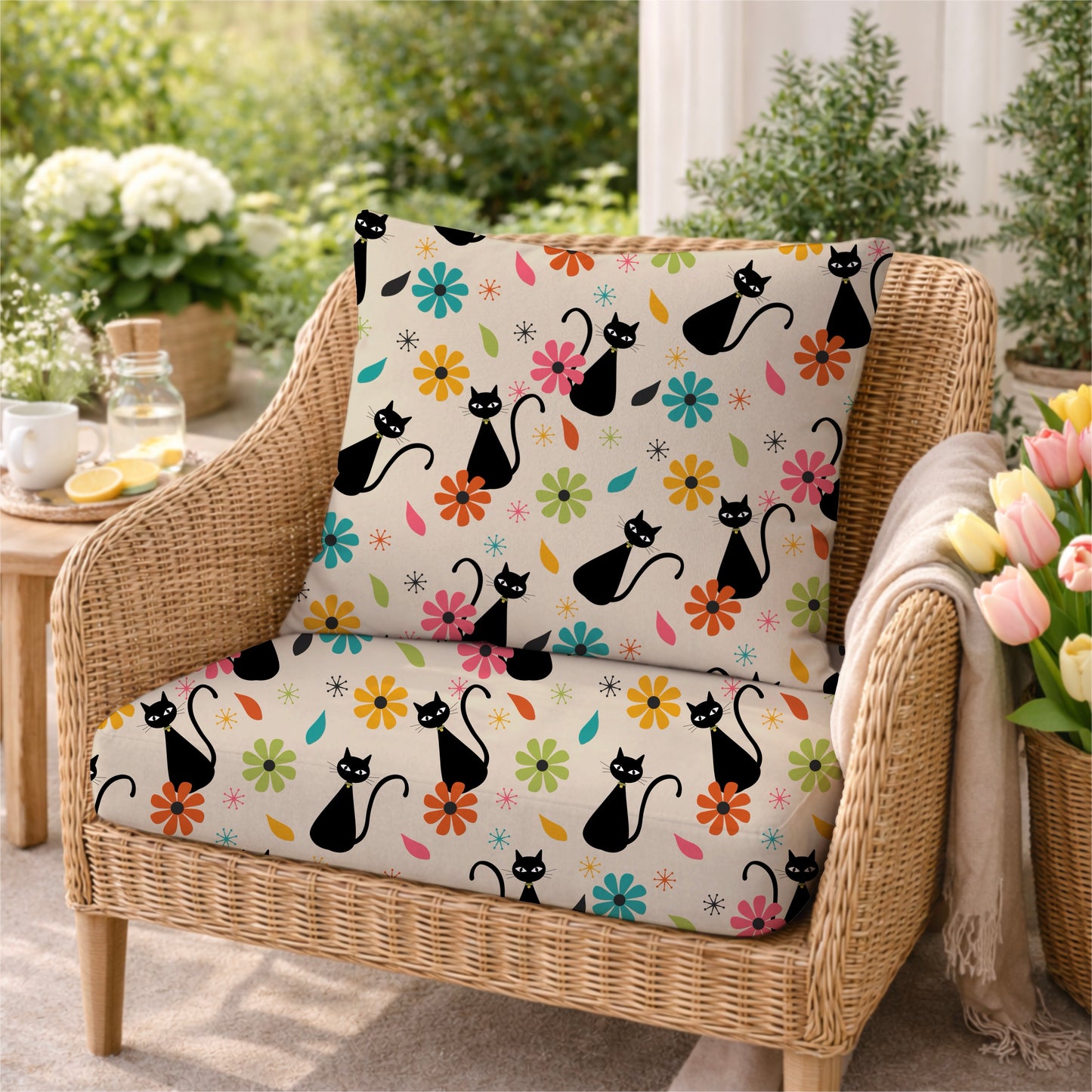 Retro Black Cat & Vintage Elements on Light Gray Seamless Pattern COMMERCIAL USE