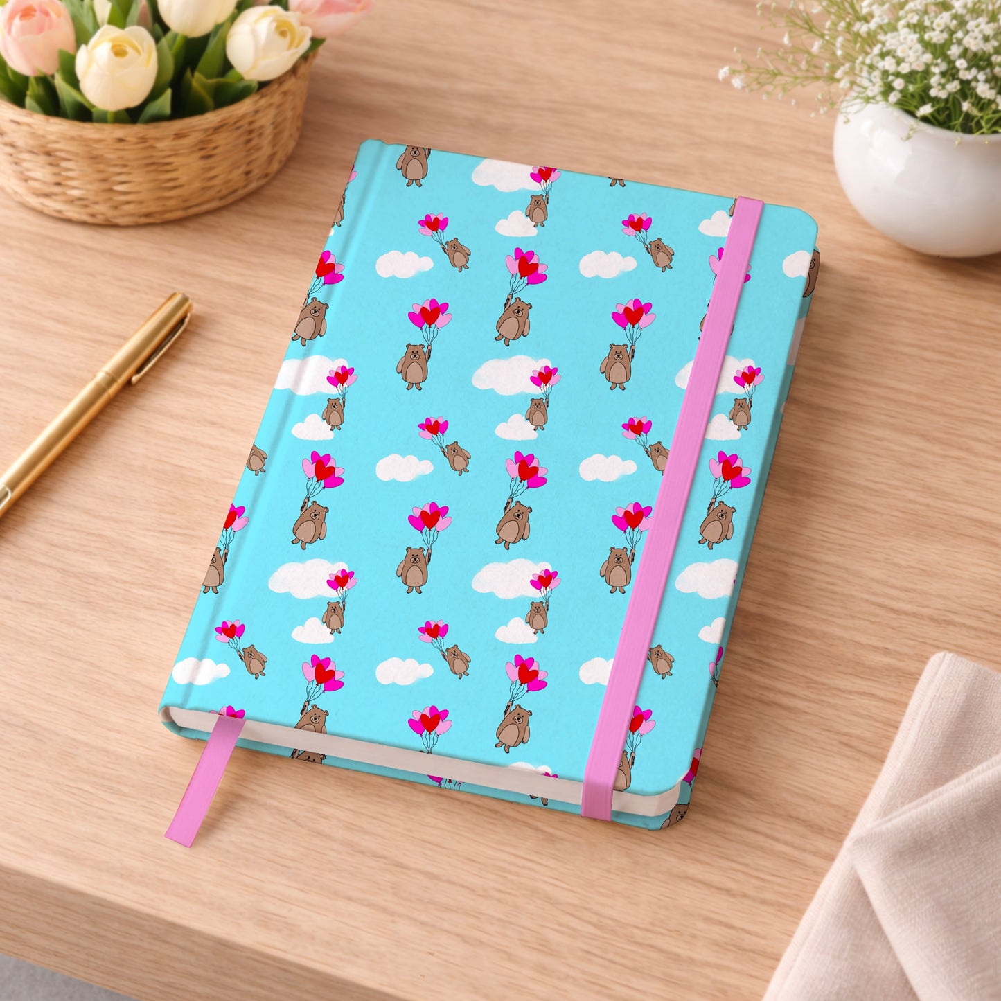 Bear Holding Balloons Floating Through the Clouds Seamless Pattern Commercial Use