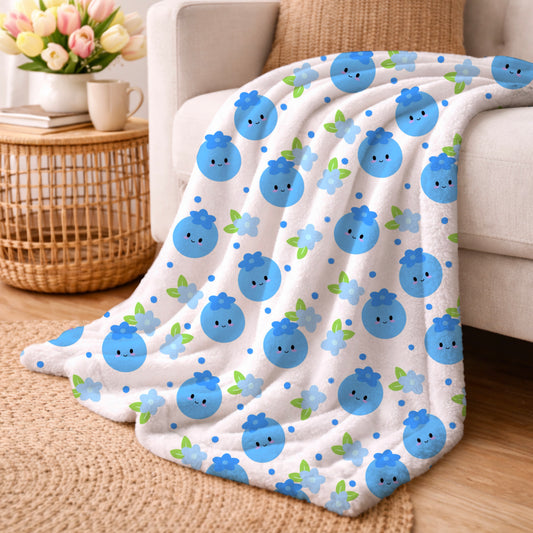 Blueberries and Flowers Kawaii Fruit White Seamless Pattern Commercial Use