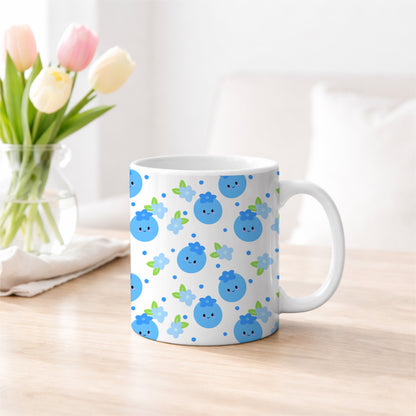 Blueberries and Flowers Kawaii Fruit White Seamless Pattern Commercial Use