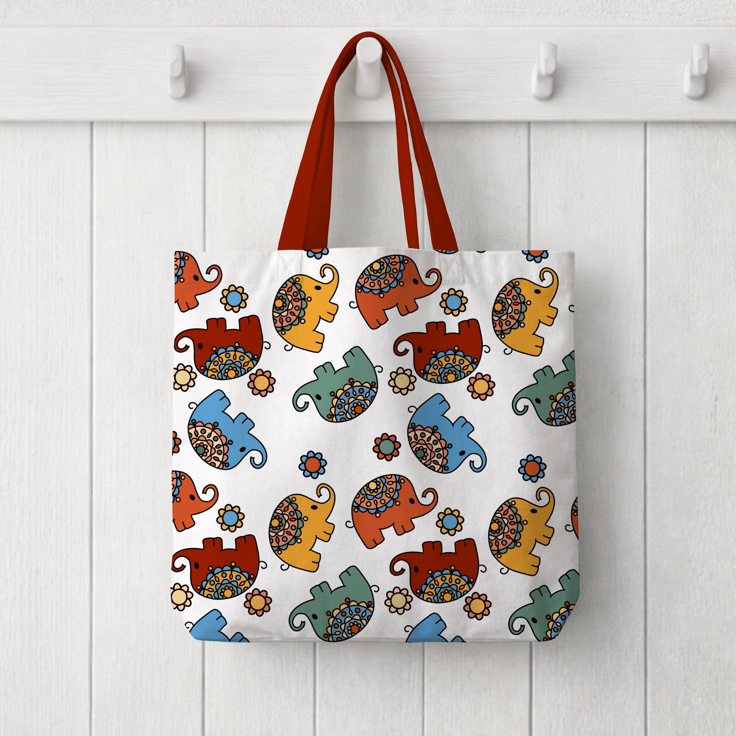Jewel Toned Thai Inspired Elephants White Seamless Pattern Commercial Use