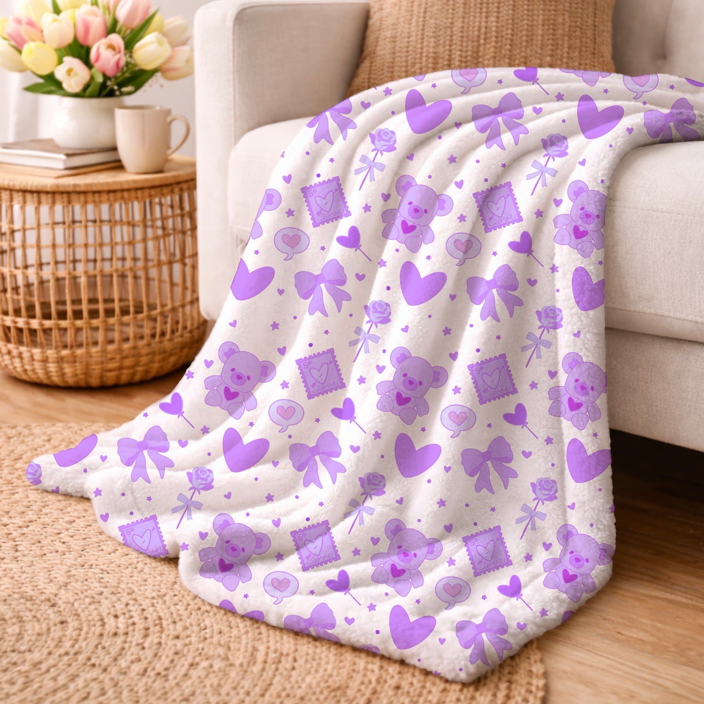 Lavender Kawaii Bear and Love Elements White Seamless Pattern Commercial Use