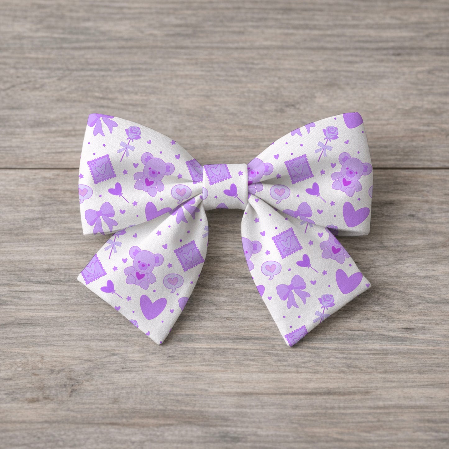 Lavender Kawaii Bear and Love Elements White Seamless Pattern Commercial Use