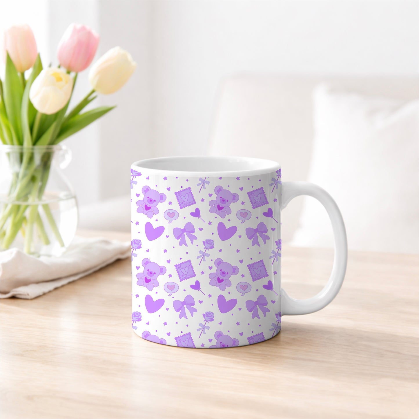 Lavender Kawaii Bear and Love Elements White Seamless Pattern Commercial Use