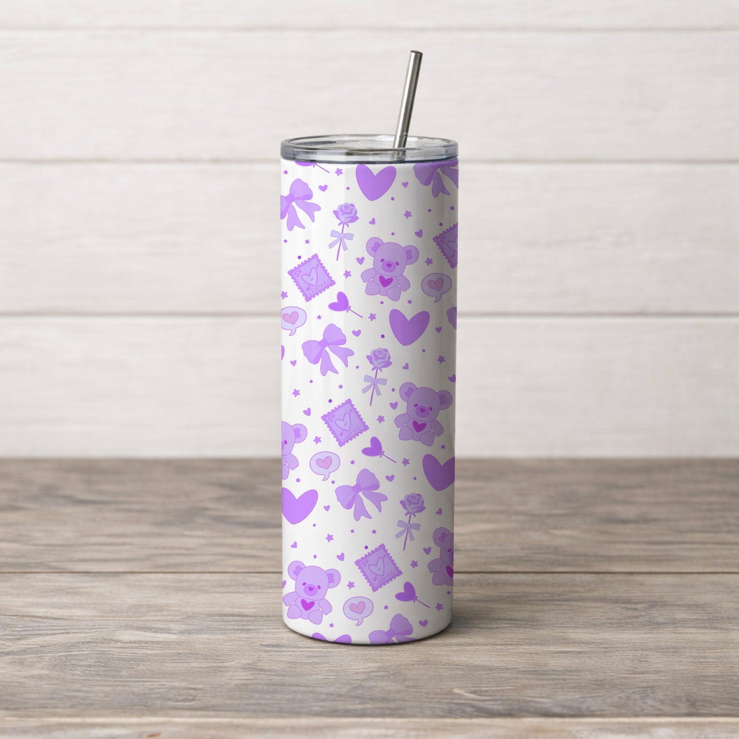 Lavender Kawaii Bear and Love Elements White Seamless Pattern Commercial Use