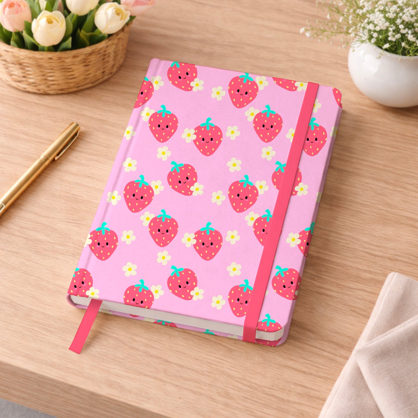 Kawaii Strawberry with White Flowers Pink Seamless Pattern Commercial Use