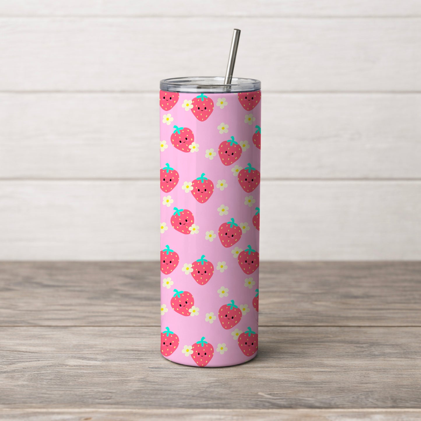 Kawaii Strawberry with White Flowers Pink Seamless Pattern Commercial Use