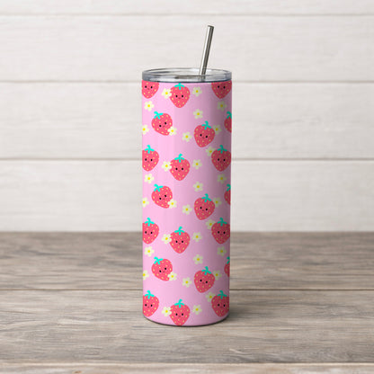 Kawaii Strawberry with White Flowers Pink Seamless Pattern Commercial Use