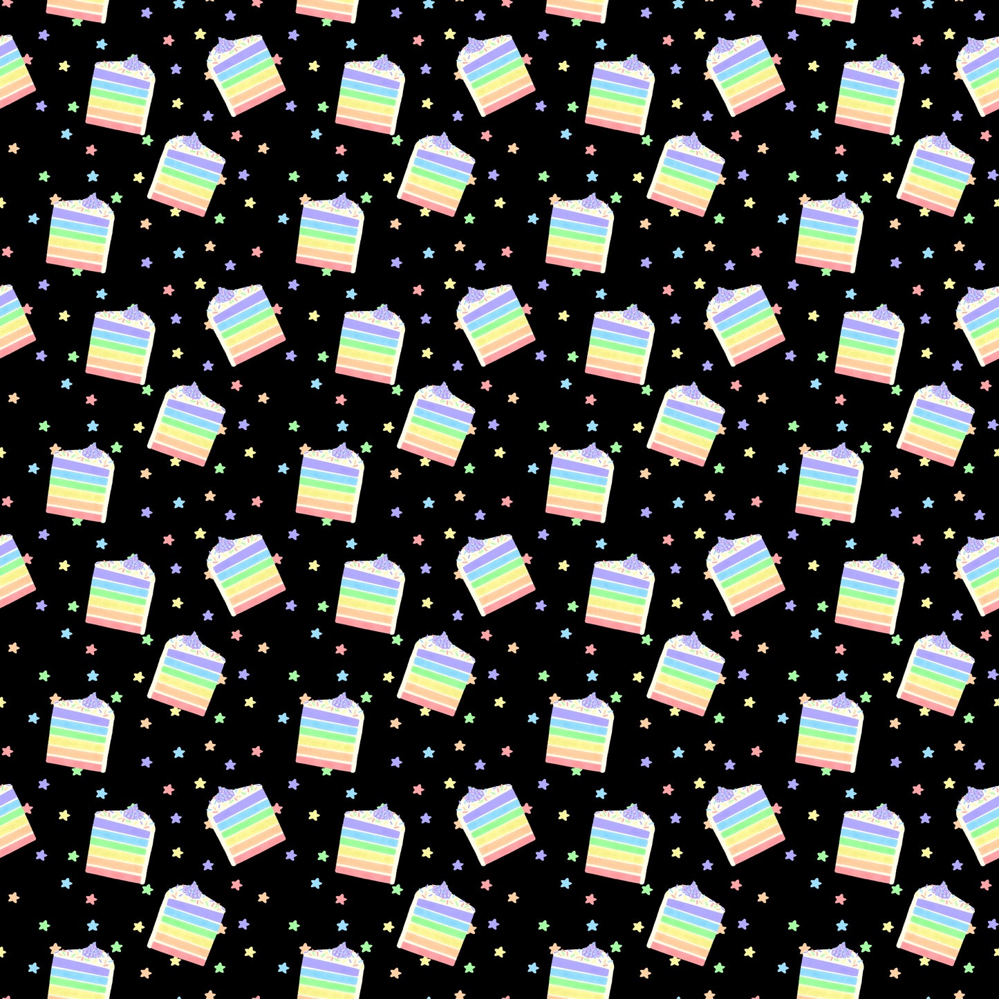 Pastel Rainbow Cake Slices and Stars Black Seamless Pattern Commercial Use