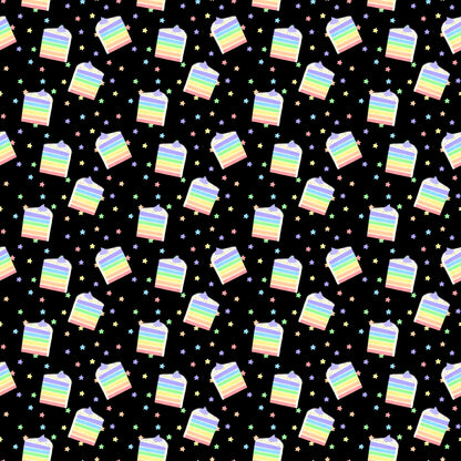 Pastel Rainbow Cake Slices and Stars Black Seamless Pattern Commercial Use