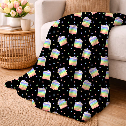 Pastel Rainbow Cake Slices and Stars Black Seamless Pattern Commercial Use