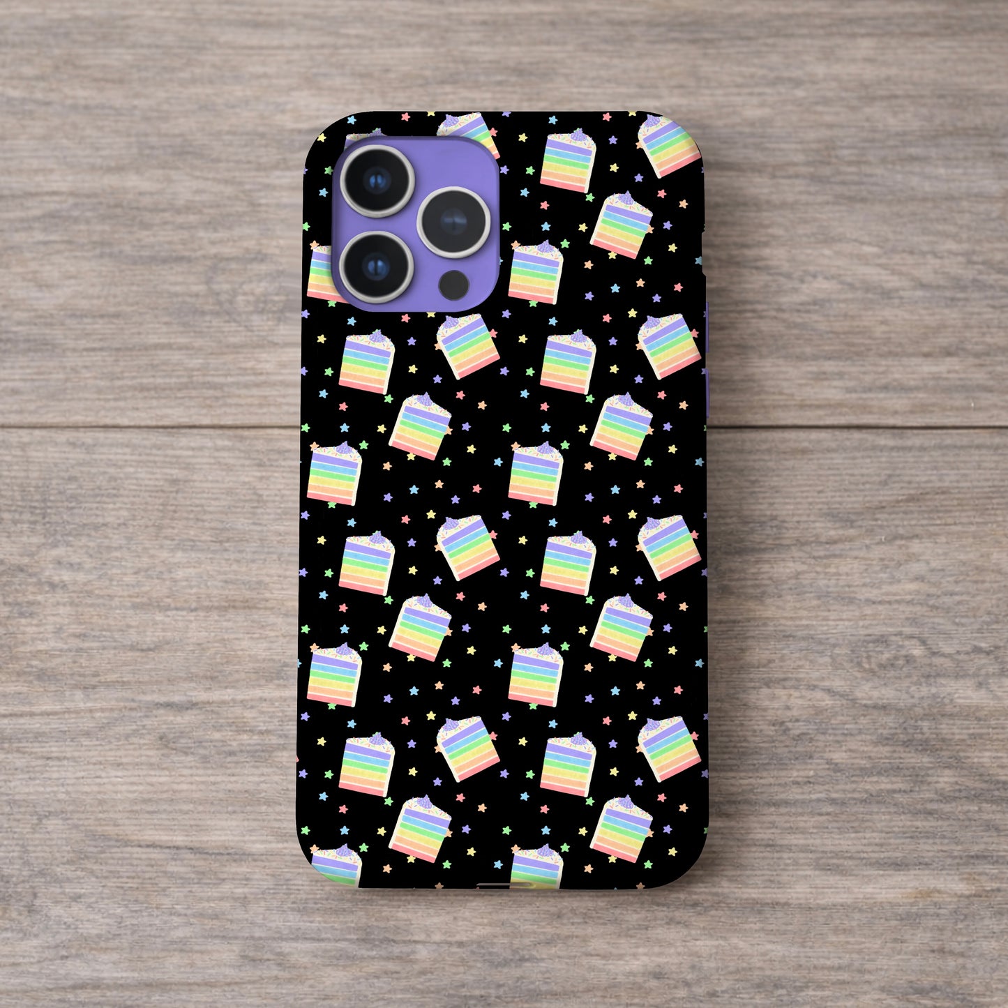 Pastel Rainbow Cake Slices and Stars Black Seamless Pattern Commercial Use
