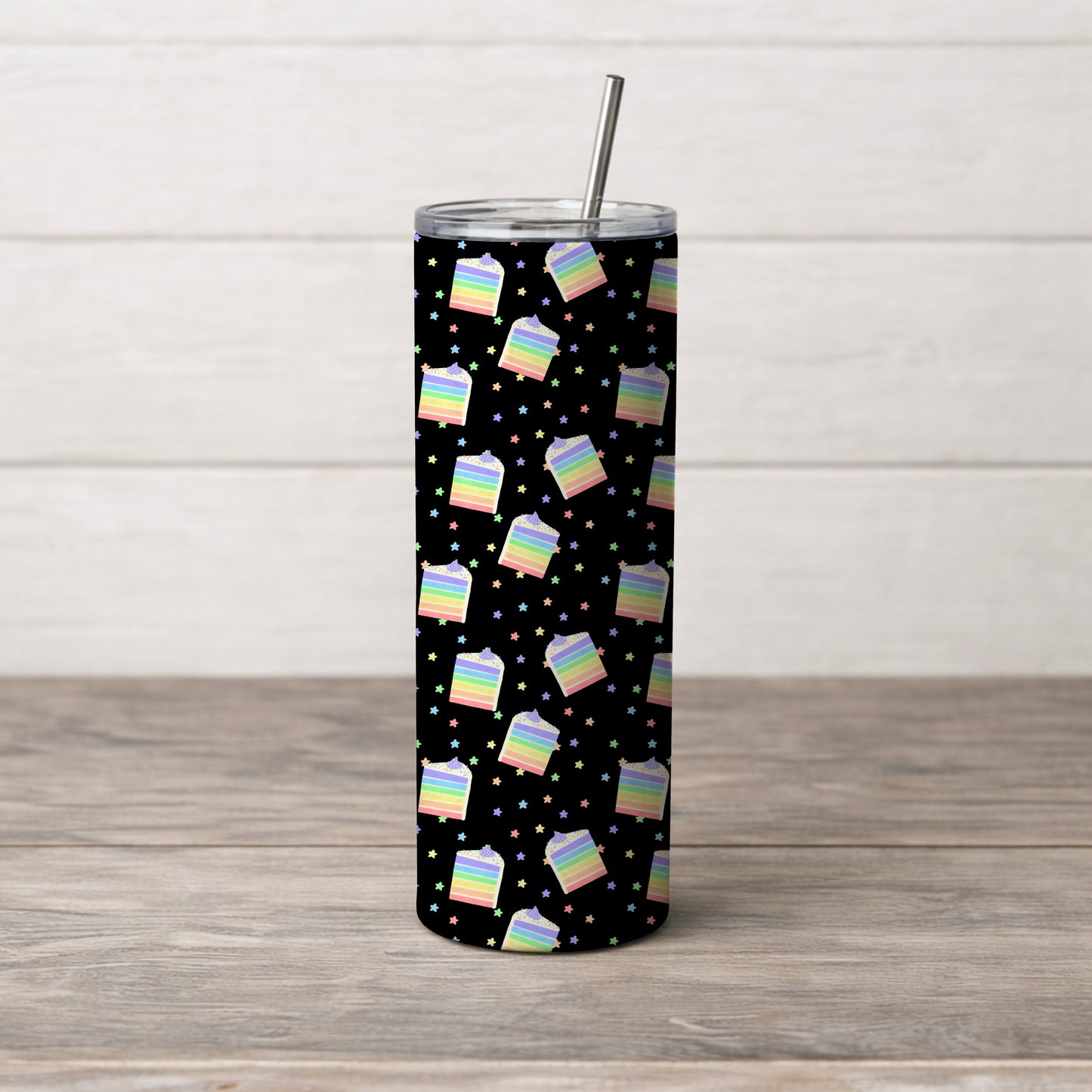 Pastel Rainbow Cake Slices and Stars Black Seamless Pattern Commercial Use