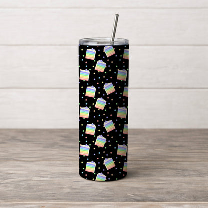 Pastel Rainbow Cake Slices and Stars Black Seamless Pattern Commercial Use