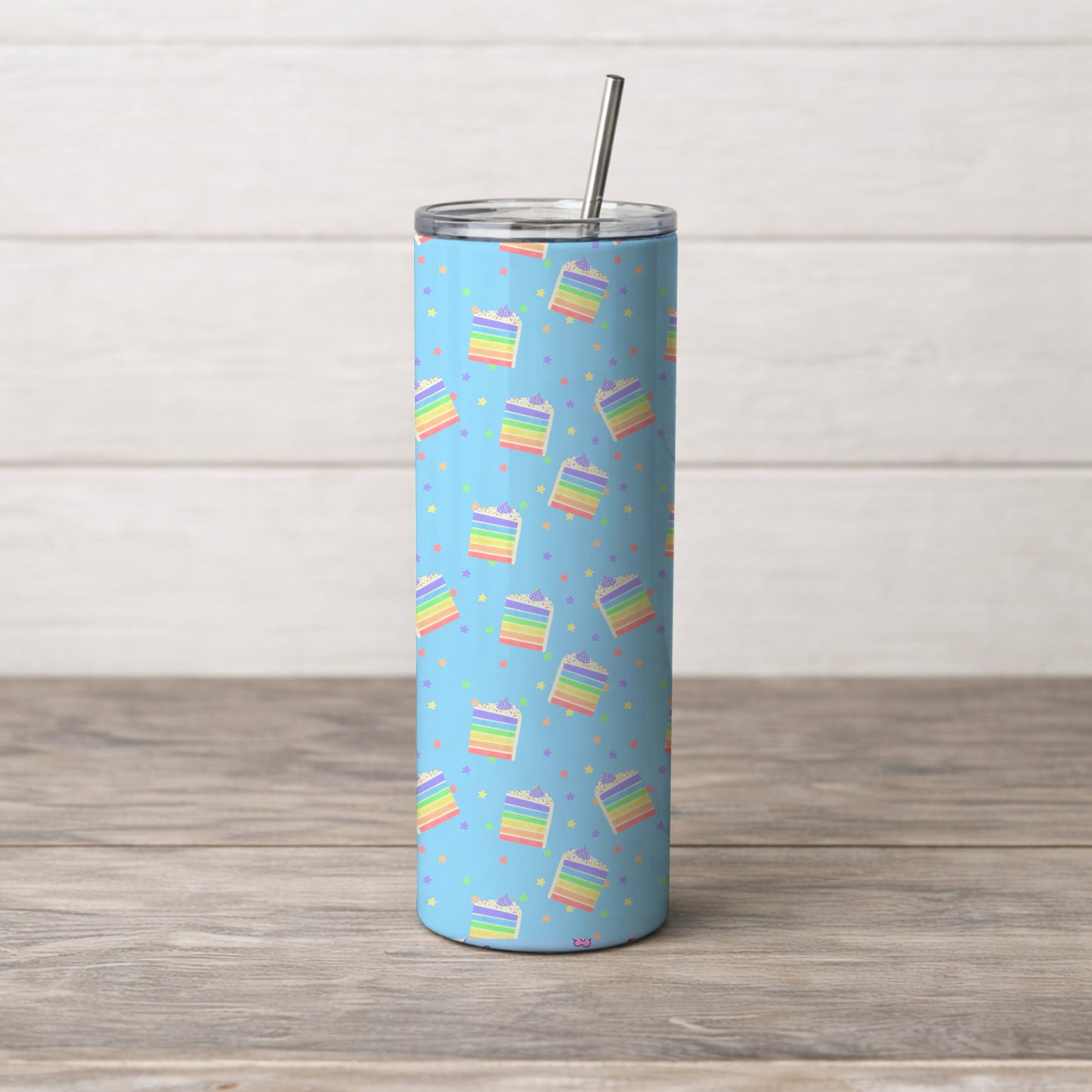 Pastel Rainbow Cake Slices and Stars Light Blue Seamless Pattern Commercial Use