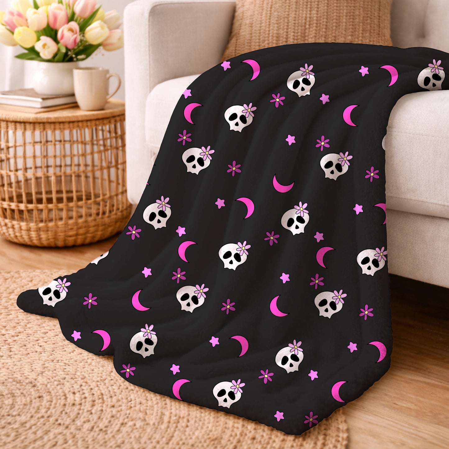 Pink and Black Flowers and Skulls Girly Seamless Pattern Commercial Use