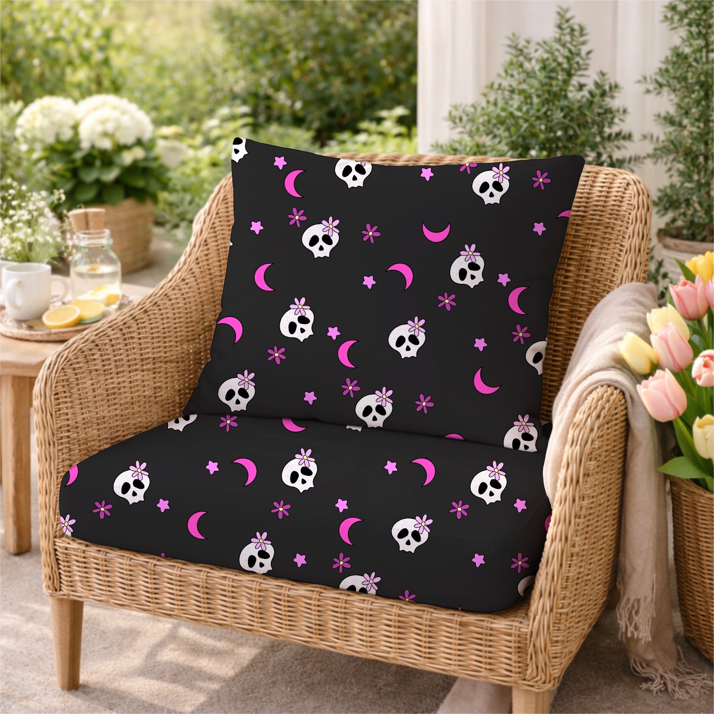 Pink and Black Flowers and Skulls Girly Seamless Pattern Commercial Use