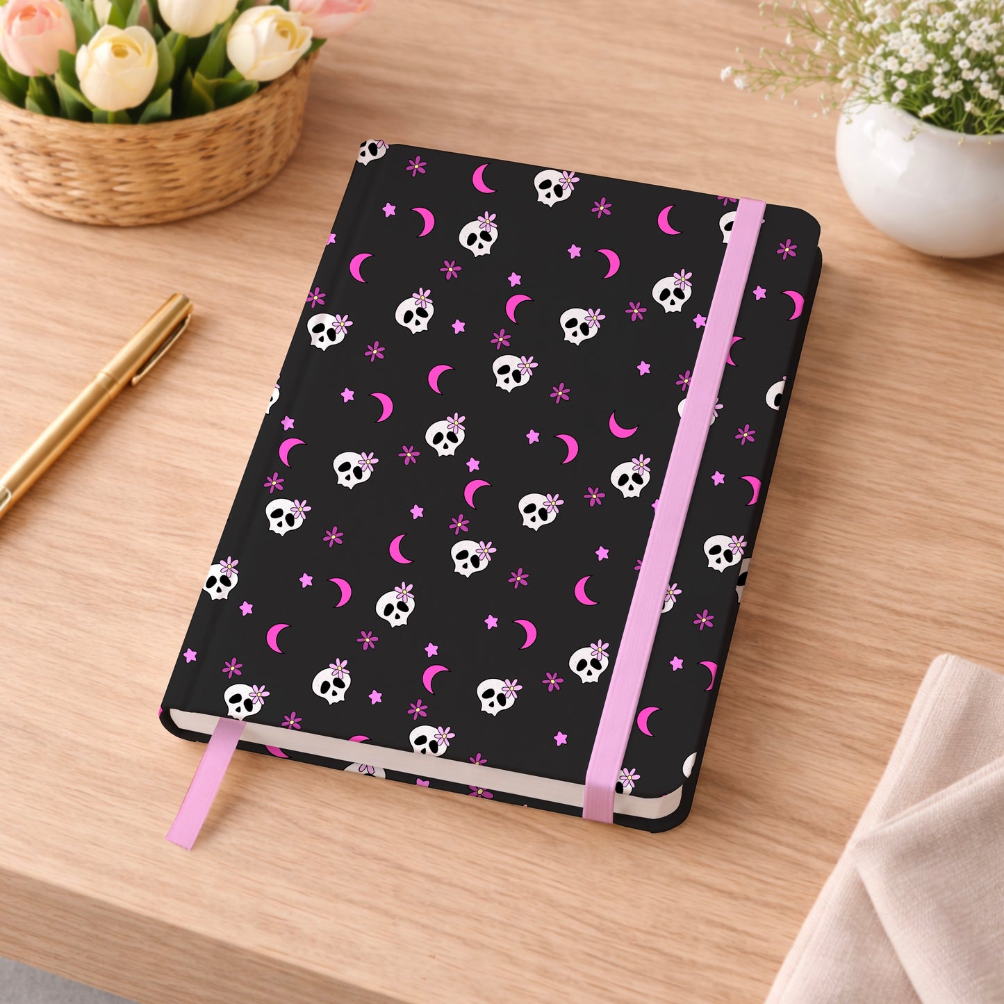 Pink and Black Flowers and Skulls Girly Seamless Pattern Commercial Use