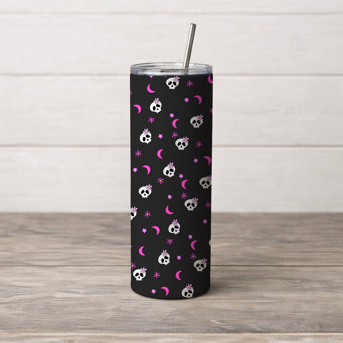 Pink and Black Flowers and Skulls Girly Seamless Pattern Commercial Use