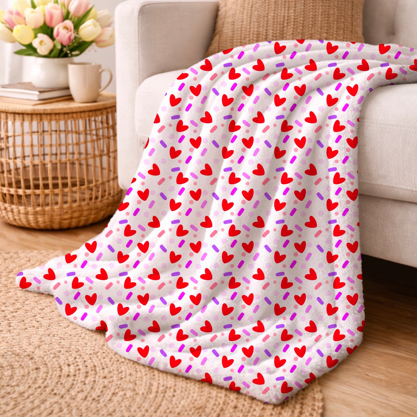 Red Hearts and Sprinkles Love Confetti White Seamless Pattern Commercial Use