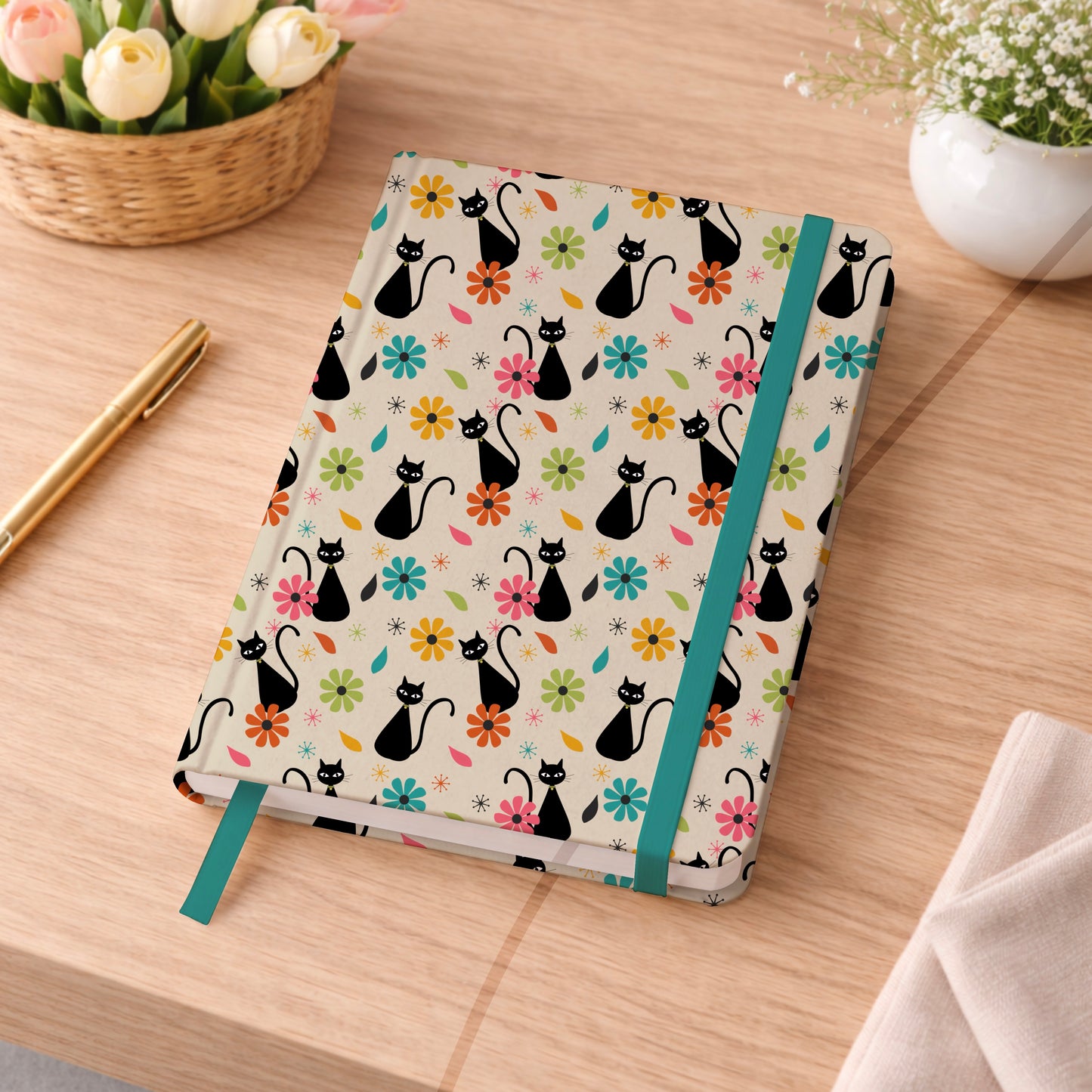 Retro Black Cat & Vintage Elements on Light Gray Seamless Pattern COMMERCIAL USE