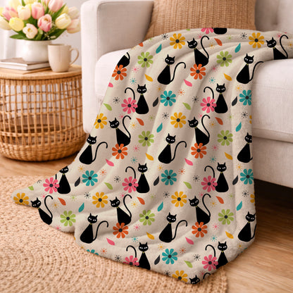 Retro Black Cat & Vintage Elements on Light Gray Seamless Pattern COMMERCIAL USE