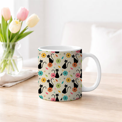 Retro Black Cat & Vintage Elements on Light Gray Seamless Pattern COMMERCIAL USE